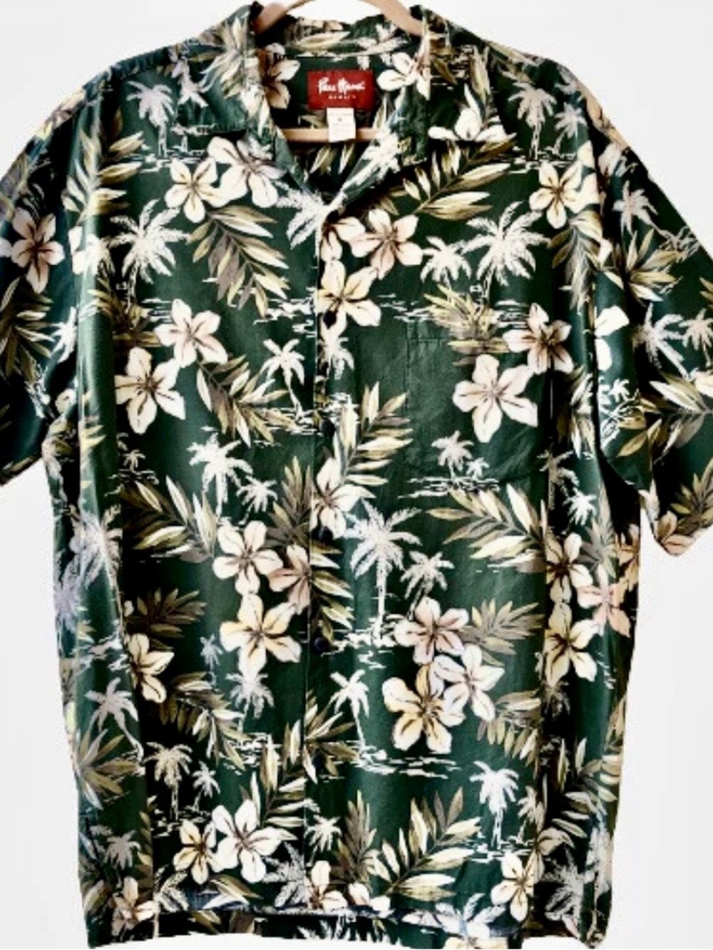 Pau Hana Hawaiian Shirt Green Vintage Button Up Palms Hibiscus